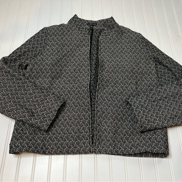 EILEEN FISHER Large Jacquard Suit Blazer  FLIGHT JACKET BLACK Zip Career - Picture 2 of 5
